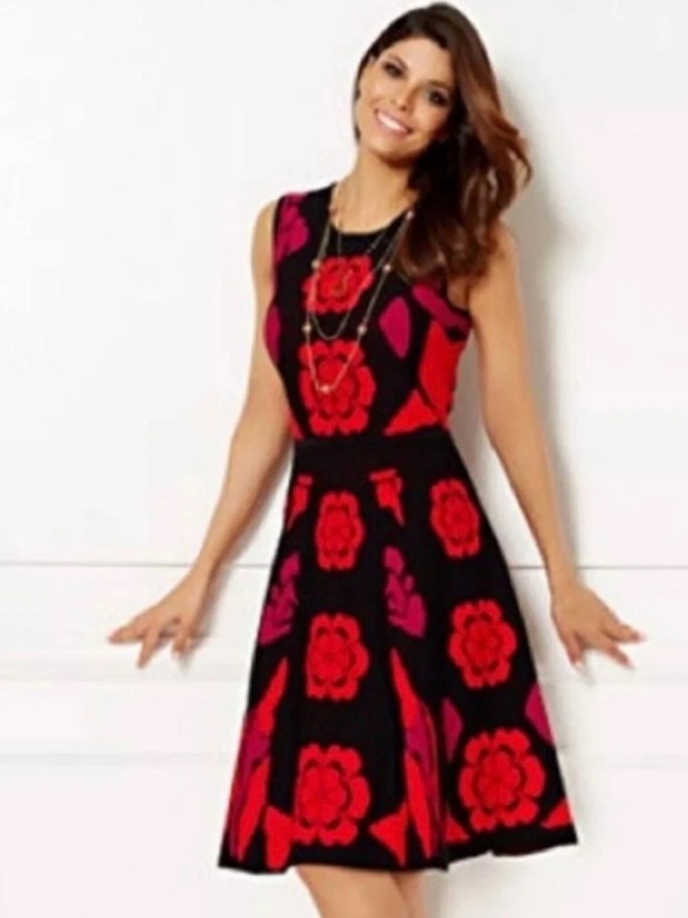 Eva mendes Sleeveless Black Dress with Red Floral Print